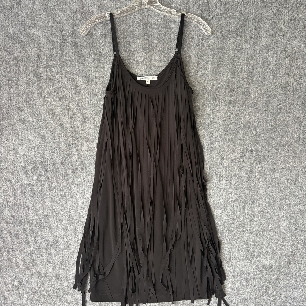 PeepToe Fringe Dress Women L Black Boho Sleeveless A-Line Mini Party Cocktail